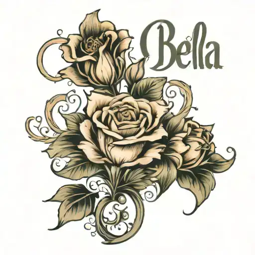 phrase "Ciuccia Bella" in Script with filigree, garlic bulbs, roses tattoo design idea