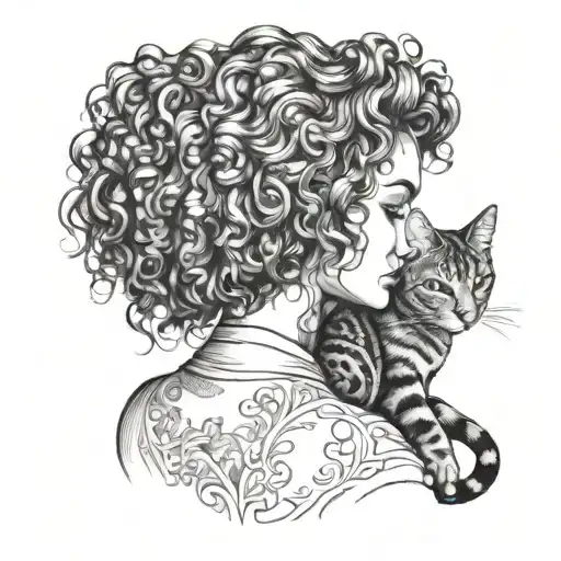 Cat and owner curly hair girl tattoo design idea
