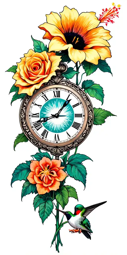 Hibiscus, sunflower roses, hummingbird Virgo glyph, a blooming Gladiolus flower, and a vintage timepiece frozen at 8:24 tattoo design idea