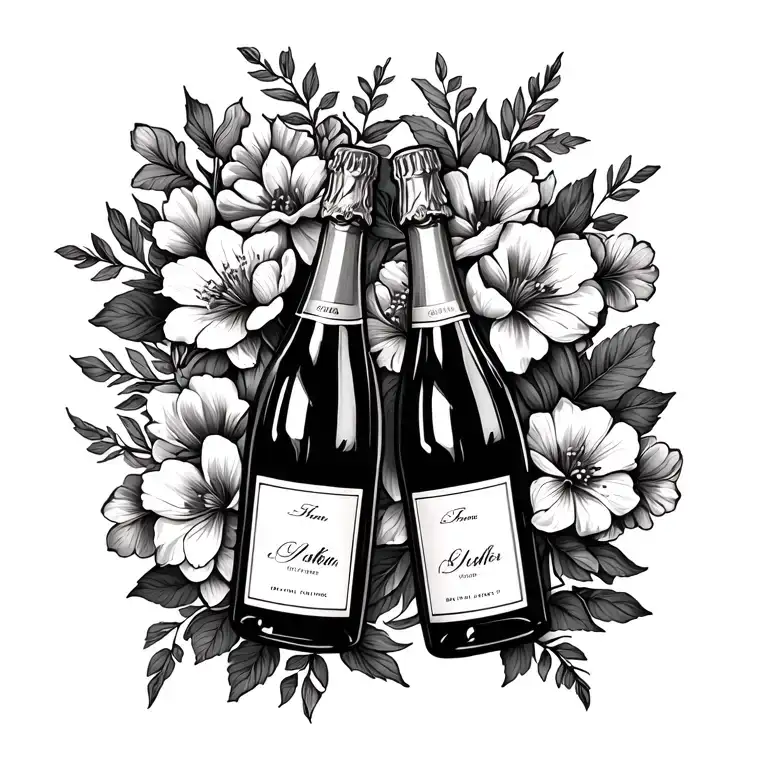crossed champagne bottles with flowers tattoo design idea