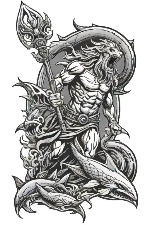 Full arm tattoo. Poseidon with trident on top and angry shark below tattoo design idea