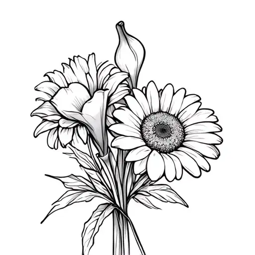 a fine line bouquet with a single calla lily, a single gerber daisy, and a single carnation tattoo design idea