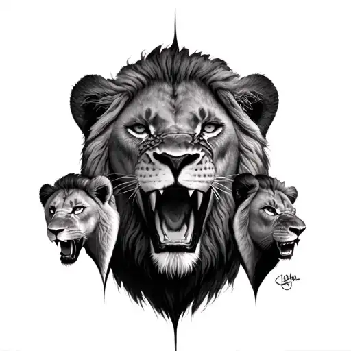 a lion with a scar on one eye on the shoulder and 2 other lion under it roaring tattoo design idea