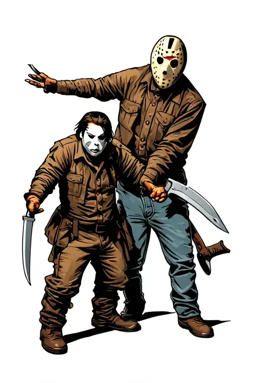 michael myers holding knife and jason voorhees holding machete tattoo design idea