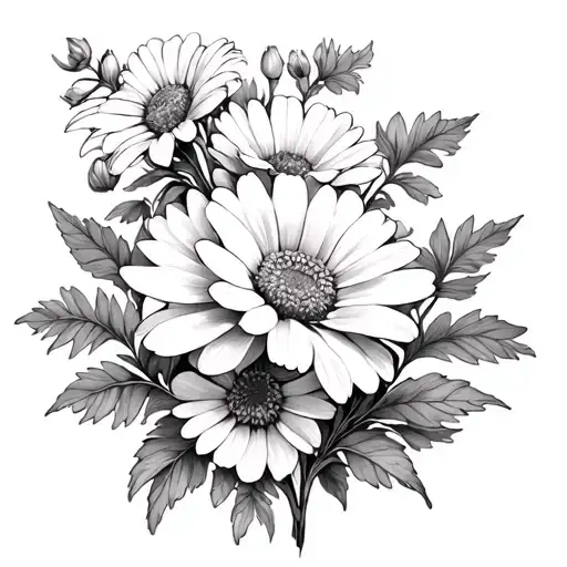  daisies, foxglove, jasmine, impairments, bellflower, peonies with stems and leaves  tattoo design idea