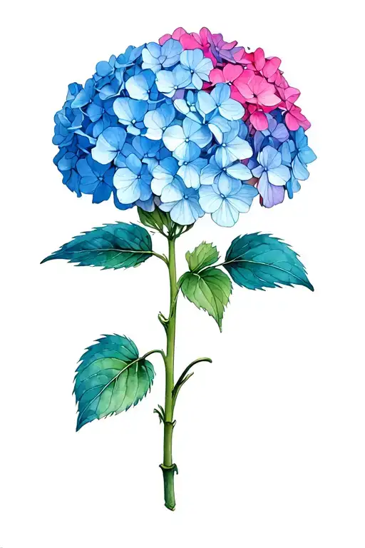 hydrangea inflorescence, colored in blue and pink tones at the top, which gradually turns into black and white towards the bottom and then tattoo design idea