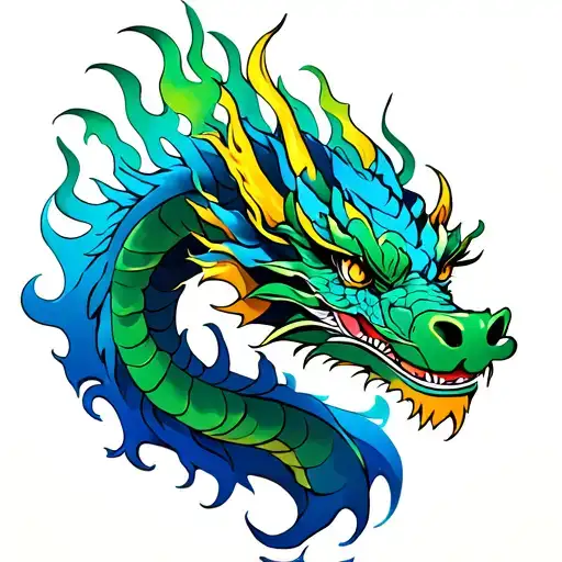 Dragon, with cherry flowers, green and blue flames tattoo design idea