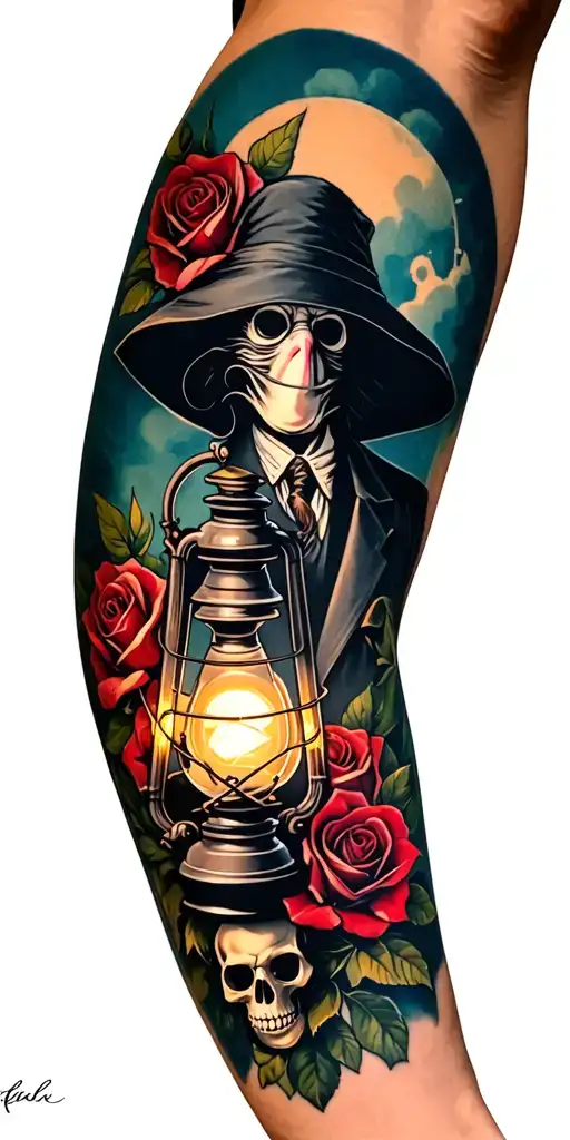 a plague doctor themed sleeve that uses a lantern and rat skulls with roses  tattoo design idea