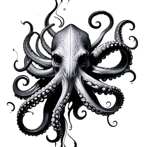 Vertical black and grey hyper-realistic tattoo design with a mythic, divine aura.Top: A full octopus head fused with an tattoo design idea