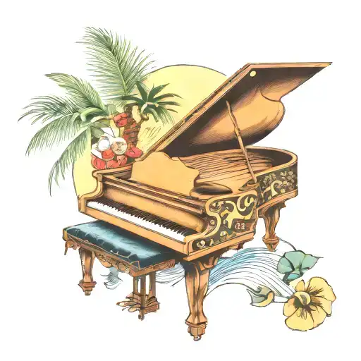 A traditional tattoo design of a grand piano with intricate sea-themed details, such as palm trees and swordfish tattoo design idea