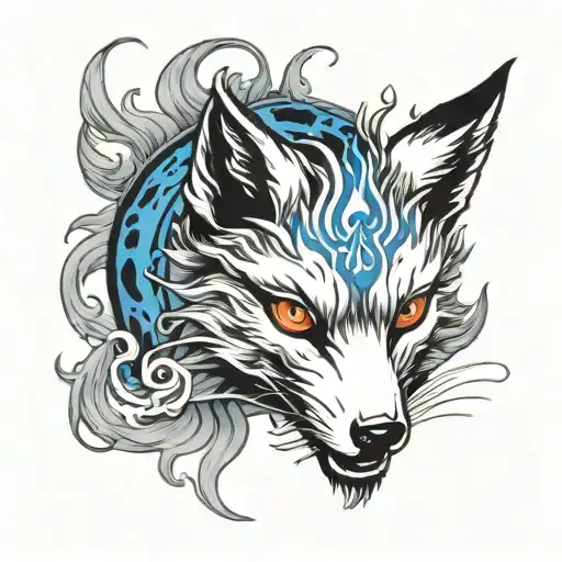 black and white nine tailed fox surrounded by blue flames tattoo design idea