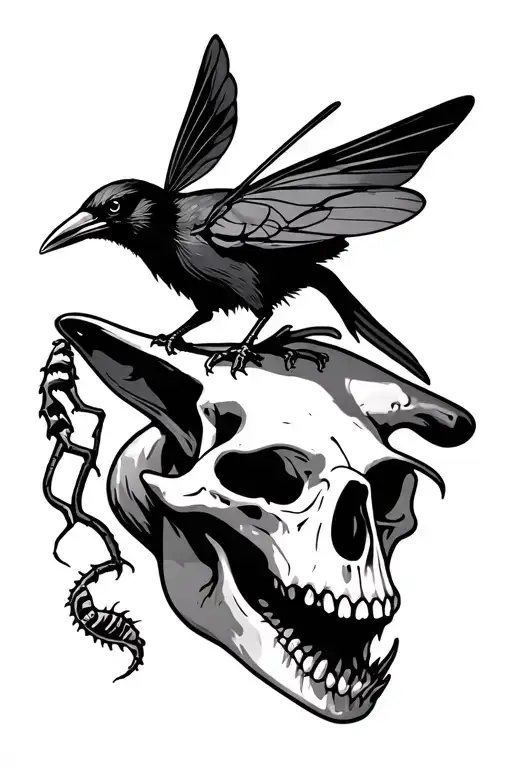 coyote skull with crow and venus fly trap around them tattoo design idea