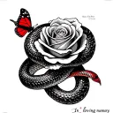 "In loving memory’s of Rosetta " red snake wrapped  and butterfly rose  with Bible verse about losing a loved one intertwined  tattoo design idea
