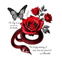 "In loving memory’s of Rosetta " red snake wrapped  and butterfly rose  with Bible verse about losing a loved one intertwined  tattoo design idea