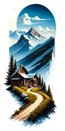 Mountain cabin and trail winding road leading its pack tattoo design idea