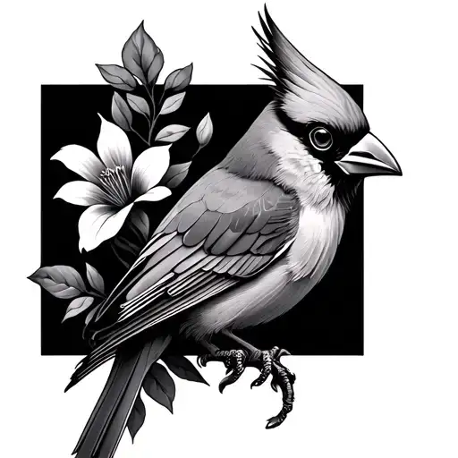 Neo traditional cardinal with black and grey realism flowers tattoo design idea