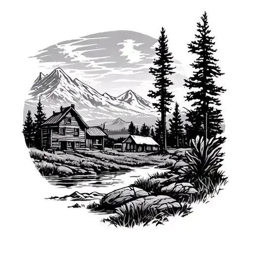 Western country landscape tattoo design idea