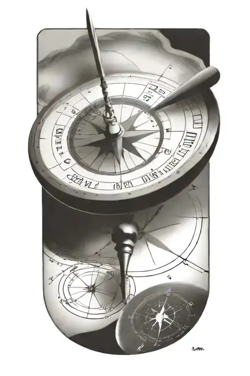 compass with needle shapes as dna strand, 3 dates around outer sircle on compass, realistic 3d compass tattoo design idea