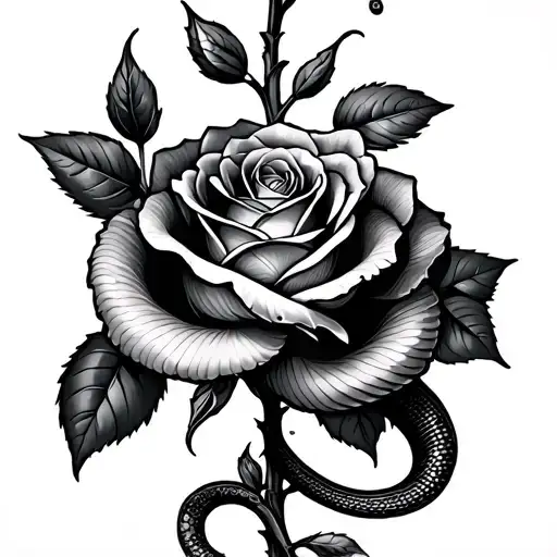 snake wrapped around stem of rose vertical long tattoo design idea