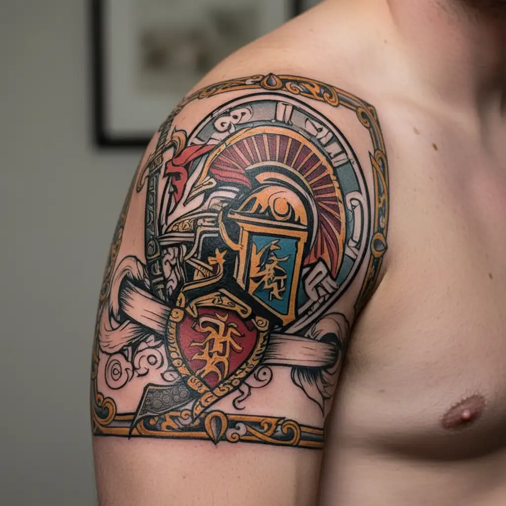 spartan and romanian flag inside tattoo design idea