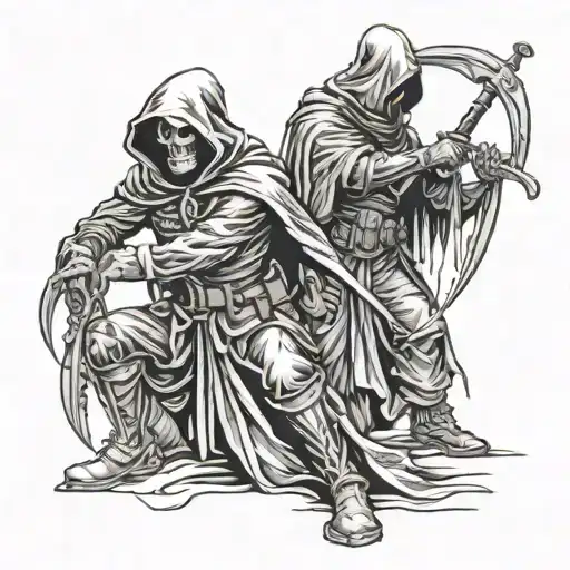 Grim reaper and soldier kneeling tattoo design idea
