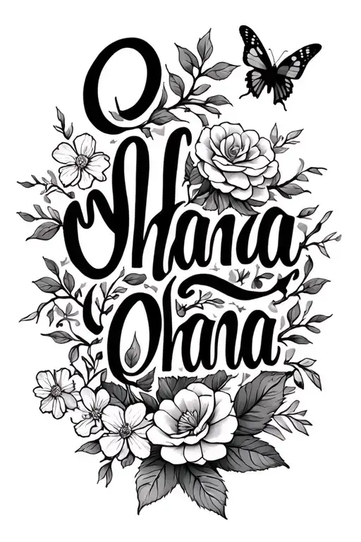the word Ohana in cursive surrounded by hawthorns,roses,primrose,marigold, narcissus flowers and butterflies  tattoo design idea