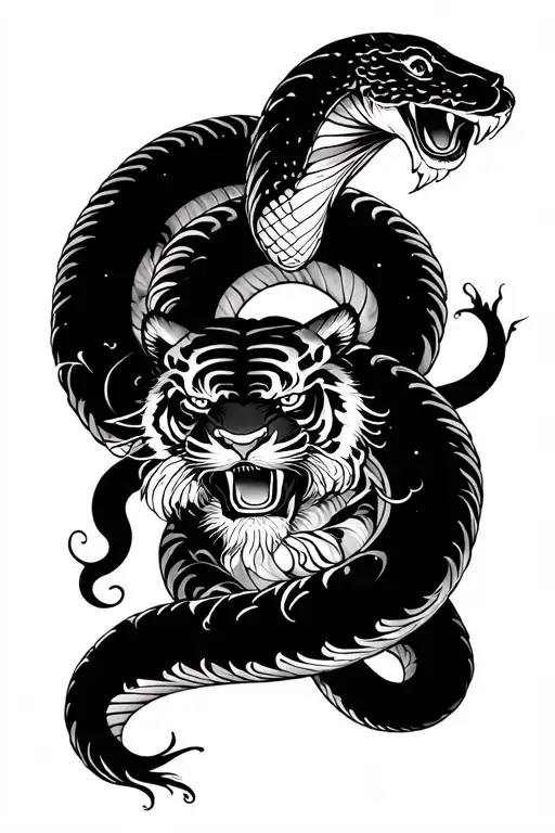 full-arm japanese irezumi tattoo design of a tiger fighting a large snake, traditional japanese composition, dynamic mot tattoo design idea
