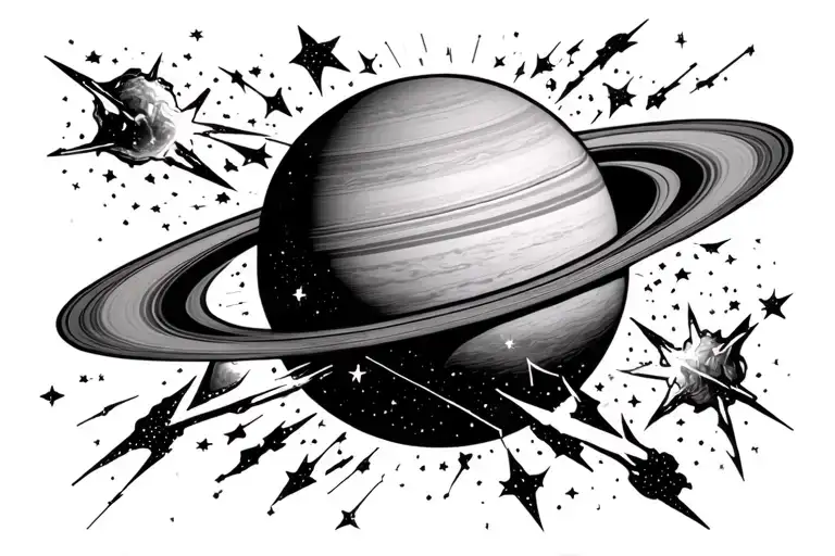  constellation Gemini with faint shooting stars connecting the constellation and ice and fire fights in front of Saturn  tattoo design idea