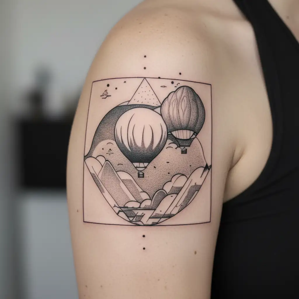 A whimsical hot air balloon floating over a landscape of mountains and forests, representing the freedom and adventure of travel tattoo design idea