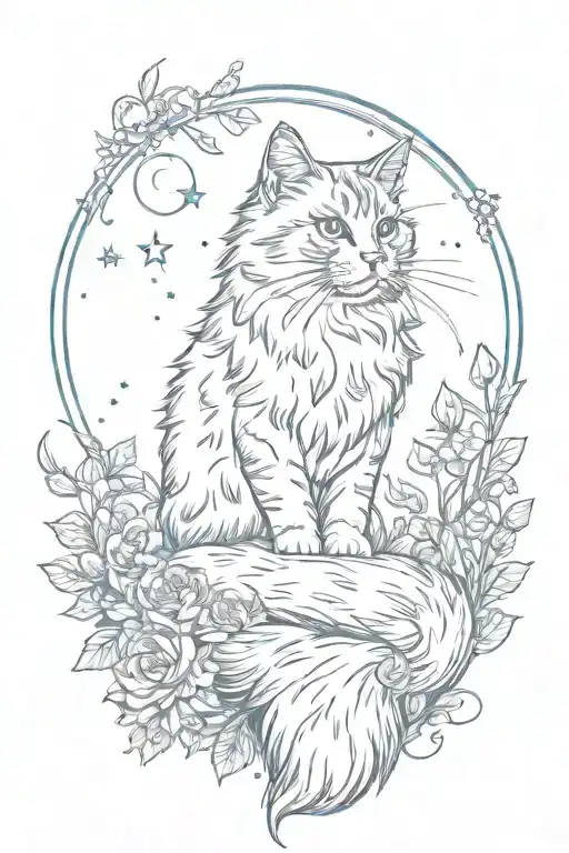 fluffy cat in full growth looks straight at the flowers and the moon tattoo design idea