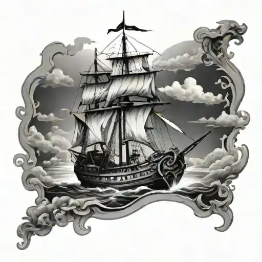 roman galleon black white tattoo design idea