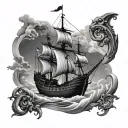 roman galleon black white tattoo design idea