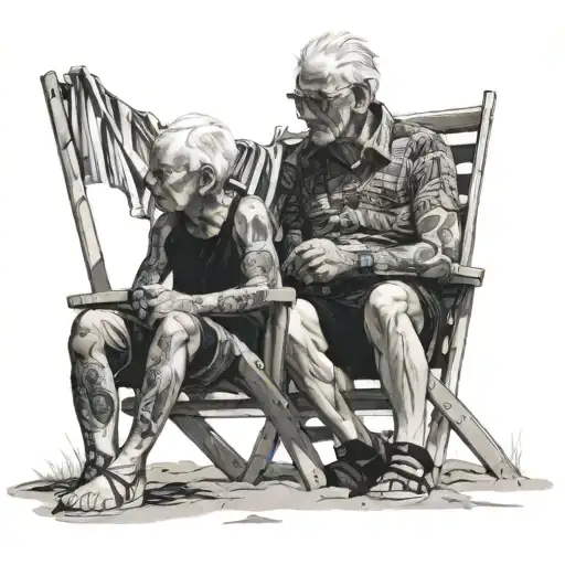 a boy and grandpa sitting on the beach in beach chairs  tattoo design idea
