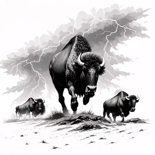 on the left Bisons buffalos running toward thunder storm coming on the right black and grey  tattoo design idea