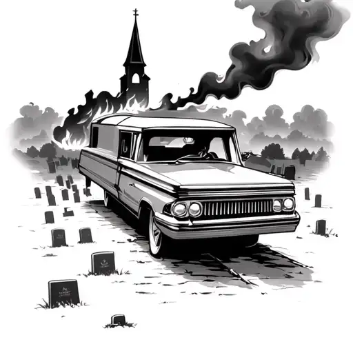 hearse in foreground of graveyard with burning church in background tattoo design idea