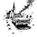 hearse in foreground of graveyard with burning church in background tattoo design idea
