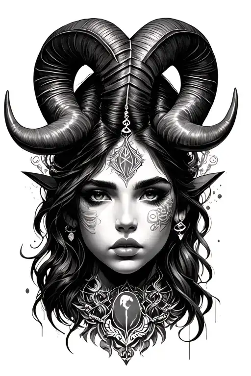 aries woman face with horn aries zodiac sign and accessories mysteriously tattoo design idea