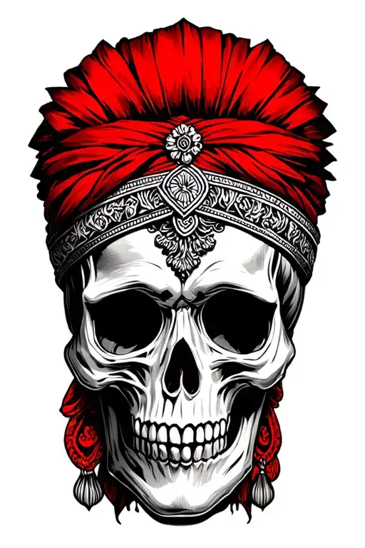 black and white skull with a red arab headdress, detailed, HD quality tattoo design idea
