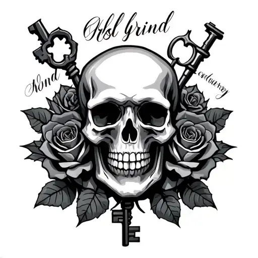 roses keys crossed skulls and words written digits and grind tattoo design idea
