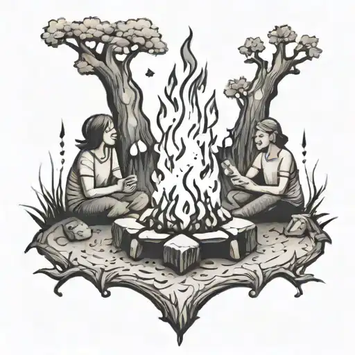 A stylized bonfire with friends laughing and chatting around it tattoo design idea