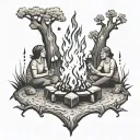 A stylized bonfire with friends laughing and chatting around it tattoo design idea