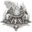A stylized bonfire with friends laughing and chatting around it tattoo design idea