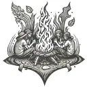 A stylized bonfire with friends laughing and chatting around it tattoo design idea