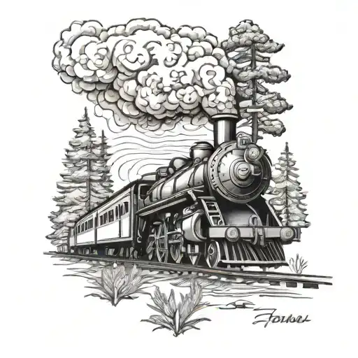 steam train in redwood trees tattoo design idea