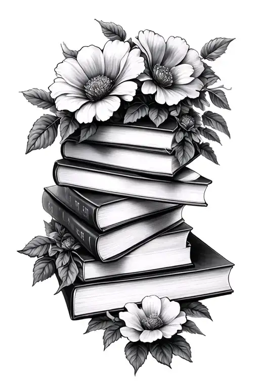 a stack of closed books with flowers growing through and around the books. alot of shading tattoo design idea
