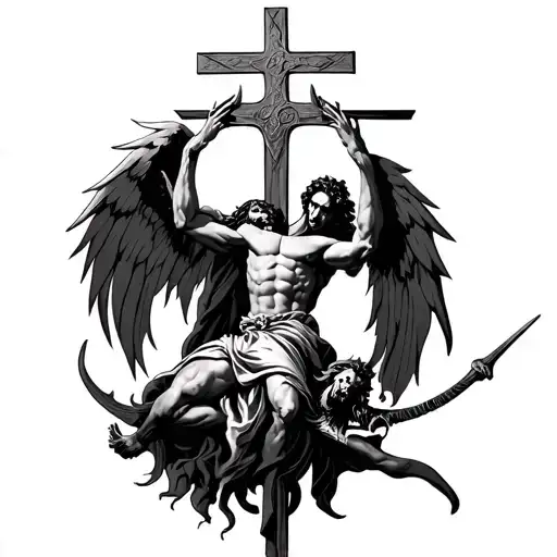cross with saint micheal slaying satan tattoo design idea