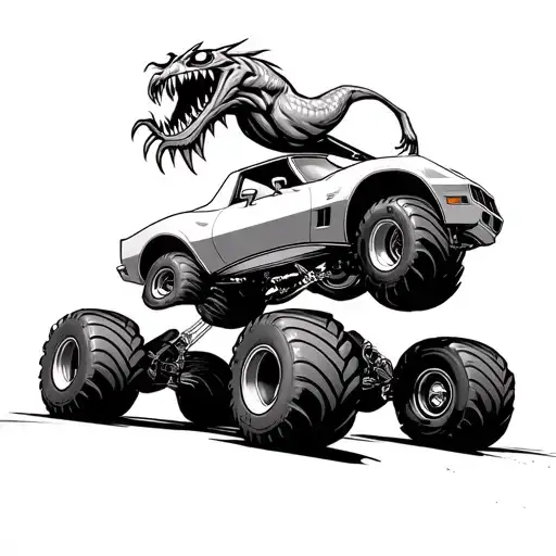1976 corvette monster truck back tires and a monster hanging out of the top. ratfink style tattoo design idea
