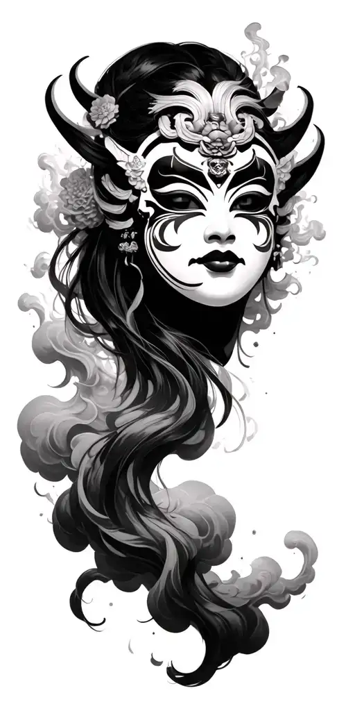 Japanese Style Hannya mask with smoke clouds surrounding it and  a female face under the mask, pulling it to the side tattoo design idea