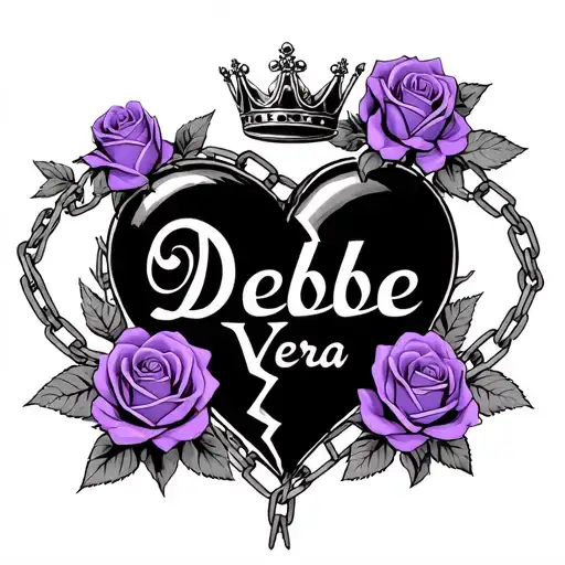 purple roses, chained linked with Debbie Vera written in words with a queen crown above Debbie inside a broken heart tattoo design idea