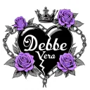 purple roses, chained linked with Debbie Vera written in words with a queen crown above Debbie inside a broken heart tattoo design idea